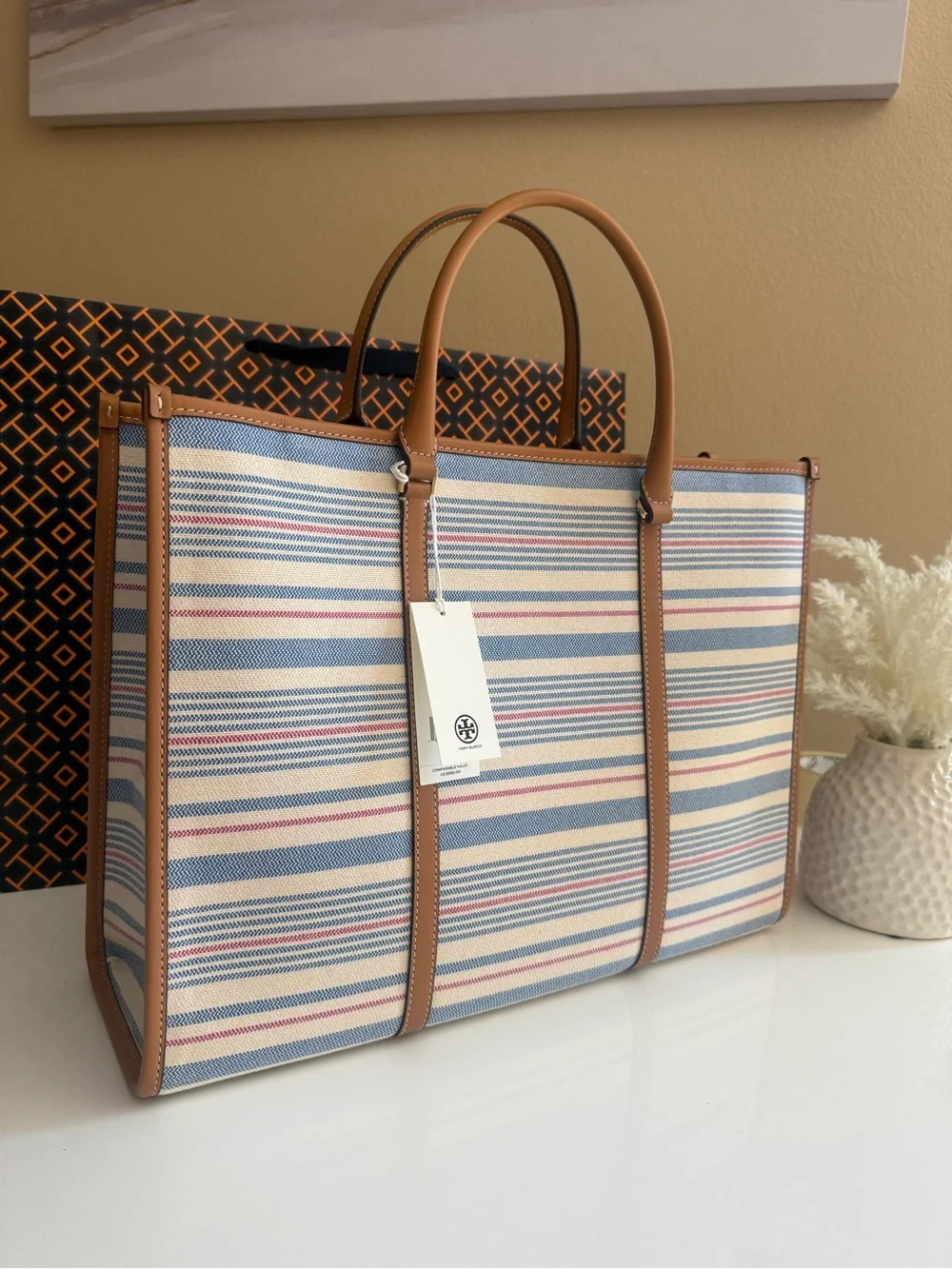 NWT, tory burch blake stripe canvas jumbo large tote multi walnut $550